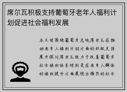 席尔瓦积极支持葡萄牙老年人福利计划促进社会福利发展