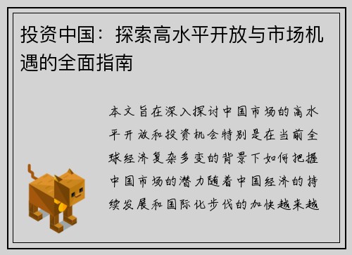 投资中国：探索高水平开放与市场机遇的全面指南